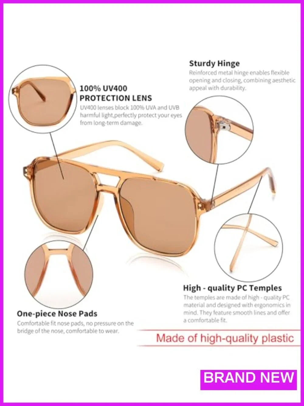Retro Square Aviator Sunglasses UV400 Protection Plastic Frame Trendy